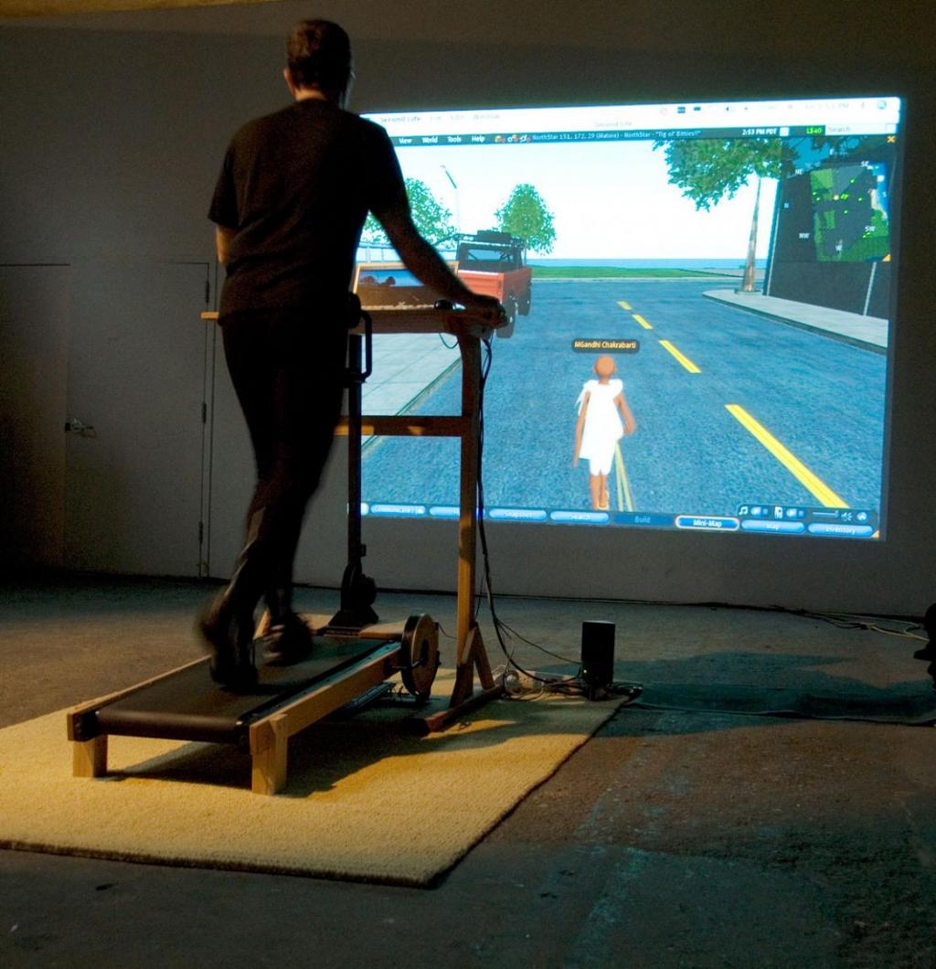 Media artist Joe DeLappe during a tactical performance art intervention, using a custom-built treadmill setup.