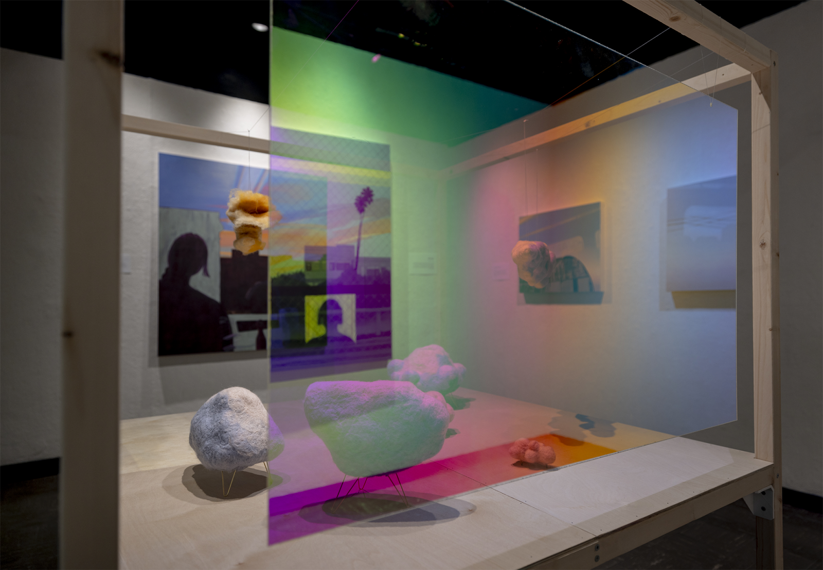 Pictured: Mary Morse, Inside Looking Out(side Looking In), Installation View, Needle Felted Wool, Brass, Dichroic Acrylic, Acrylic Paintings on Canvas Pictured: Mary Morse, Inside Looking Out(side Looking In), Installation View, Needle Felted Wool, Brass, Dichroic Acrylic, Acrylic Paintings on Canvas
