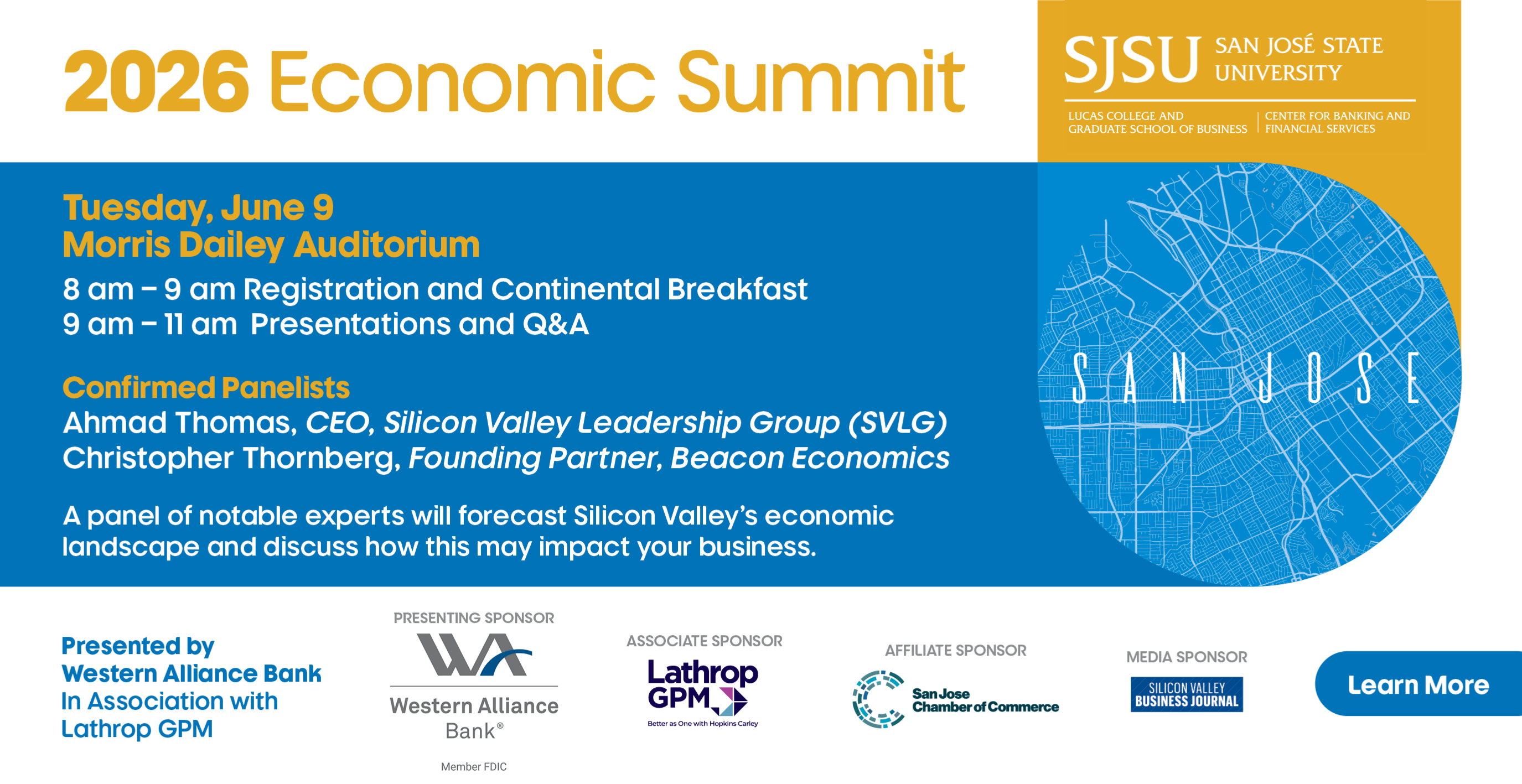 2026 Economic Summit poster with blue, gold, and white shapes and an aerial map of San Jose in a small circle. 