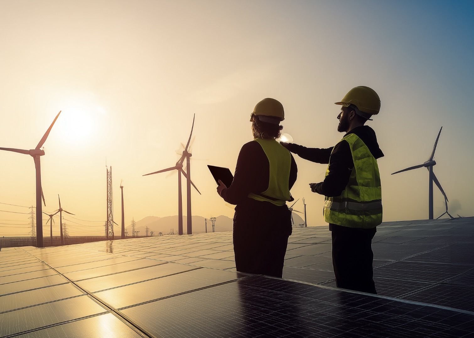 Two engineers in safety gear review a renewable energy site with solar panels in the foreground and wind turbines in the background.