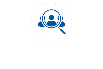 Icon graphic of a group of job candidates below a magnifying glass.