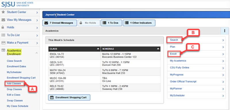 Screenshot for class search on MySJSU