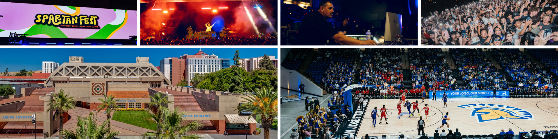 Images of the event center outside as well as photos taken by the SJSU Athletics Creative team of a basketball game 