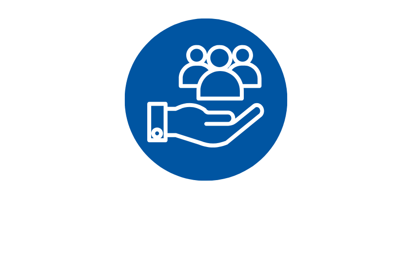 Icon graphic of a group of people supported by another icon of a hand.